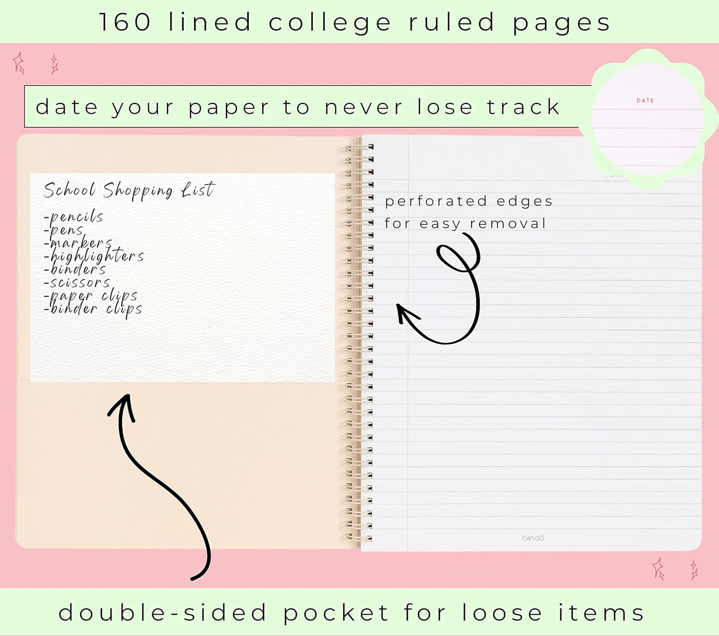 ban.do Rough Draft Large Spiral Notebook with Saying, 11" x 9" with Pockets and 160 College Ruled Pages, I Am Very Busy (gold glitter)