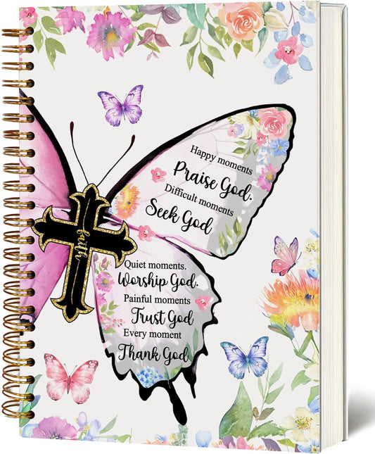Bible Notebook, A5 Spiral Christian Journal with Floral Pink Butterfly Notebook, Bible Verse-God Says You Are, Inspirational Notebooks for Women, Bible Study, Gift for Birthday Christmas