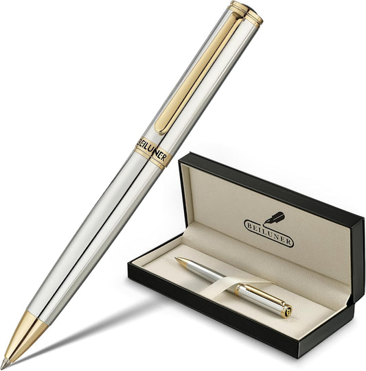 BEILUNER Silver Gold Gel Pen - Luxury Featuring sophisticated chrome finishes, with 24K Gold Accents, Best Pen Gift Set for Men & Women, Business Signature, Executive, Office Retractable Pens