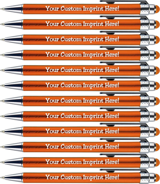 Personalized Pens with Stylus Tip -Bright Vibes- Click action - Custom - Black writing - Printed Name pens - Imprinted with Your Logo or Message - FREE PERSONALIZATION - 12 Pens/Box (Orange)
