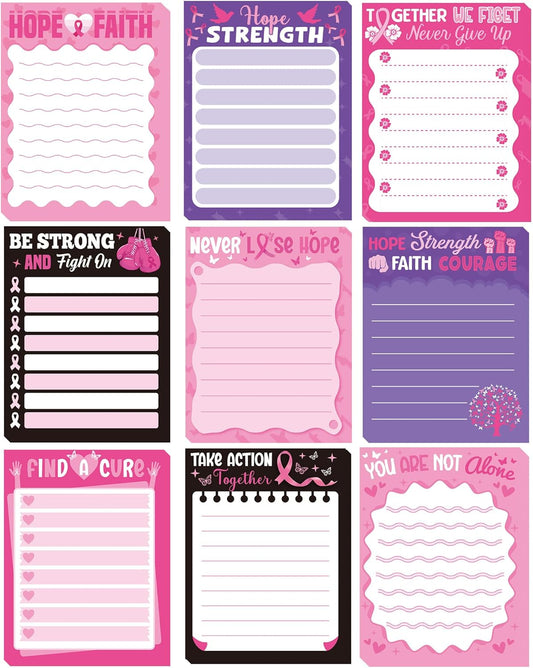 9 Pack Breast Cancer Awareness Sticky Notes Set, 450 Sheets Pink Self-Stick Notepads with Motivational Ribbon Designs, Inspirational Gifts for Women Supporters Fighters