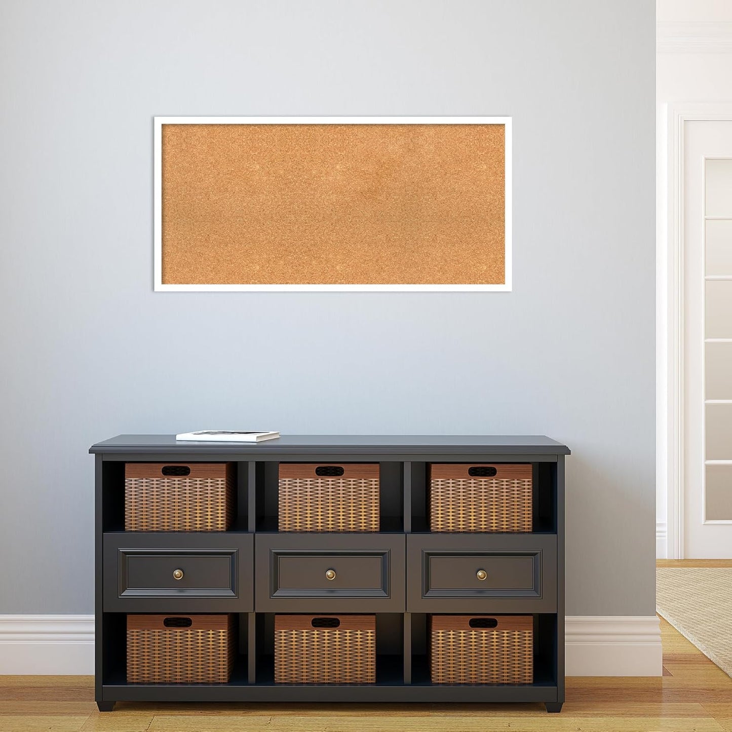 Amanti Art Natural Cork Board for Wall, 19x39 Vision Board with White Frame, Large Corkboard Office Decor for Home Organization, Modern Corkboard Pinboard to Display Items for Home Organization in