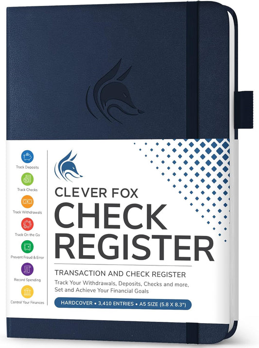 Clever Fox Check Register Book - Deluxe Transaction Register, Accounting Ledger Book, Checkbook Register & Checking Account Register Book for Personal and Work Use, A5 Hardcover - Dark Blue