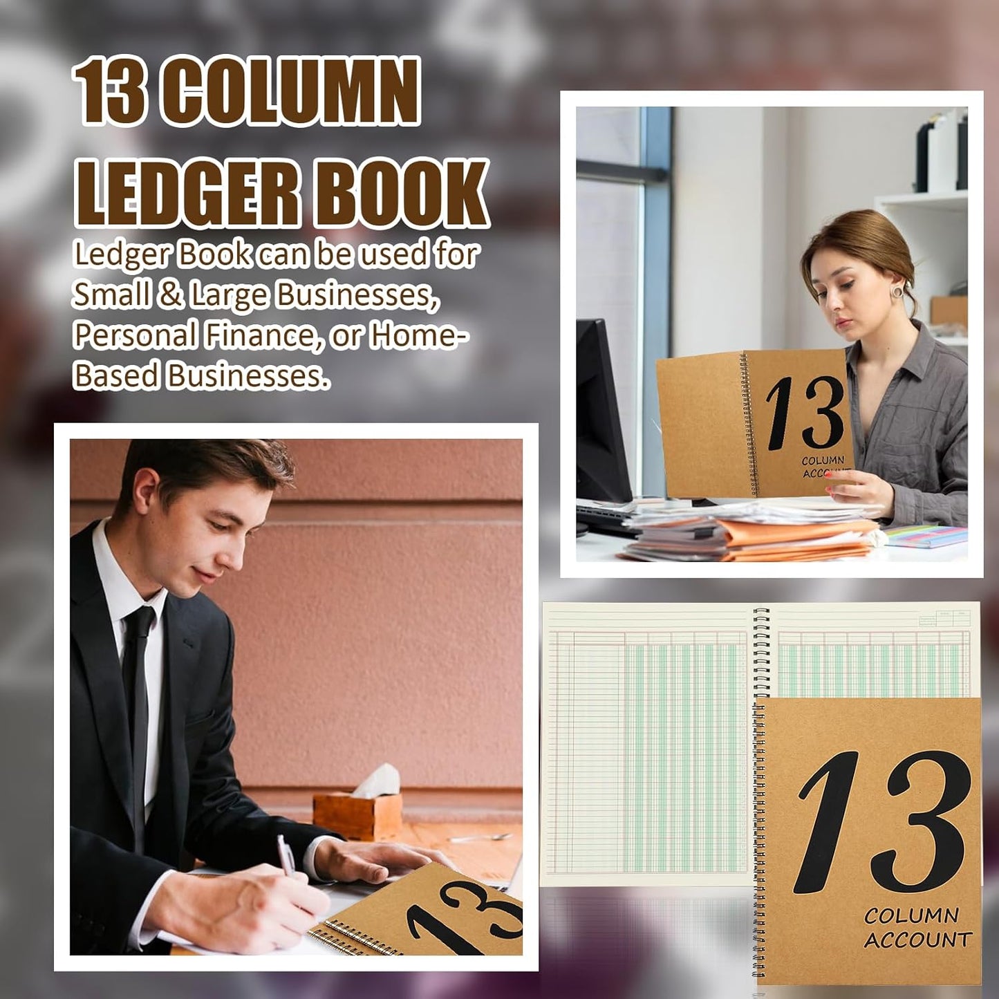2 Pcs 13 Column Ledger Book 8.5 * 11inch Account Book Notebook Columnar Pad Columnar Pad 13 Columns Premium Analysis Pad Kraft Paper Cover 100 Pages for Personal Use Small Business(50 Sheet)