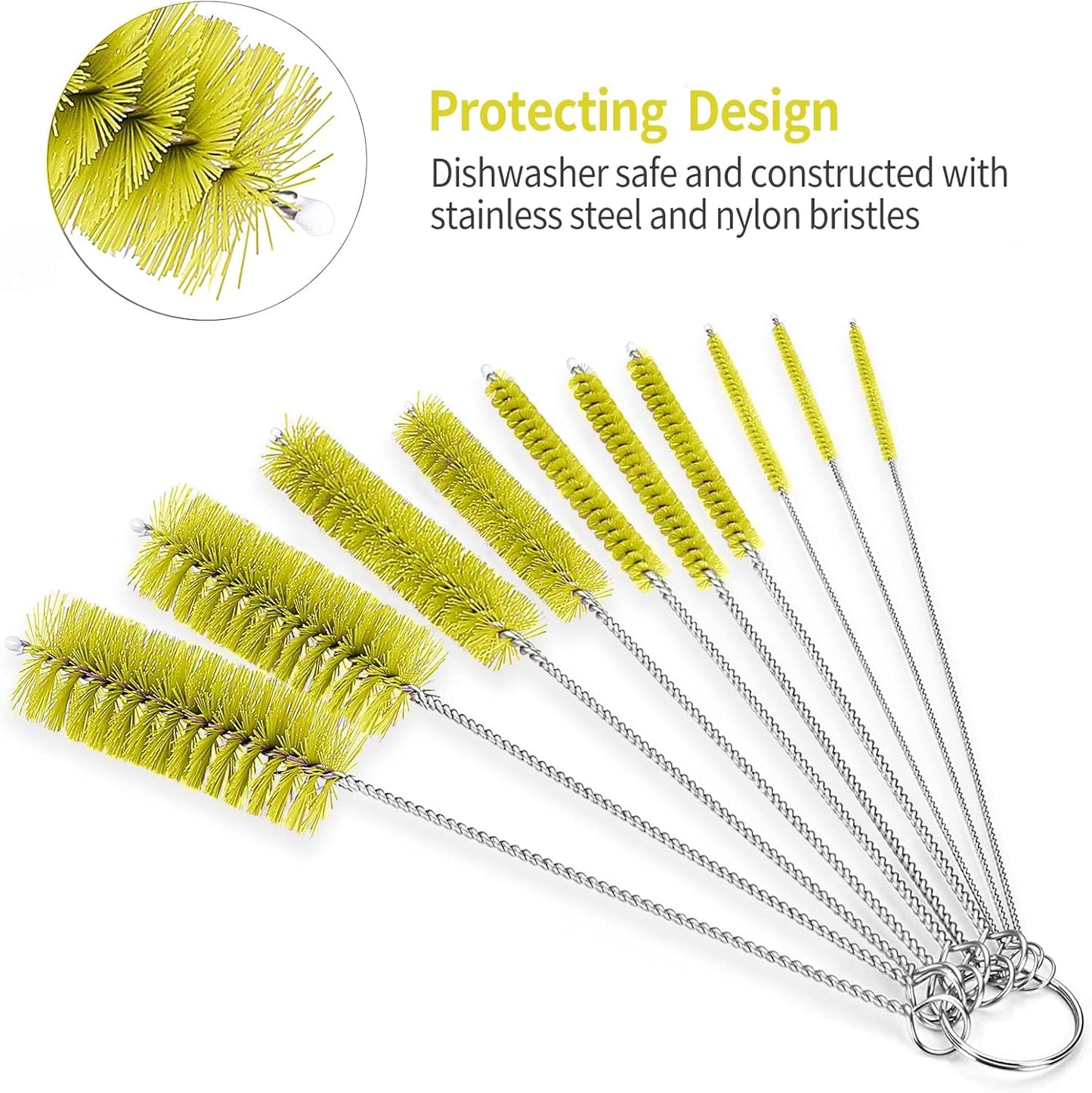 CiaraQ Bottle Cleaning Brushes, 8 Inch Nylon Tube Brush Set, Cleaner for Narrow Neck Bottles Cups with Hook, Set of 10pcs. Yellow