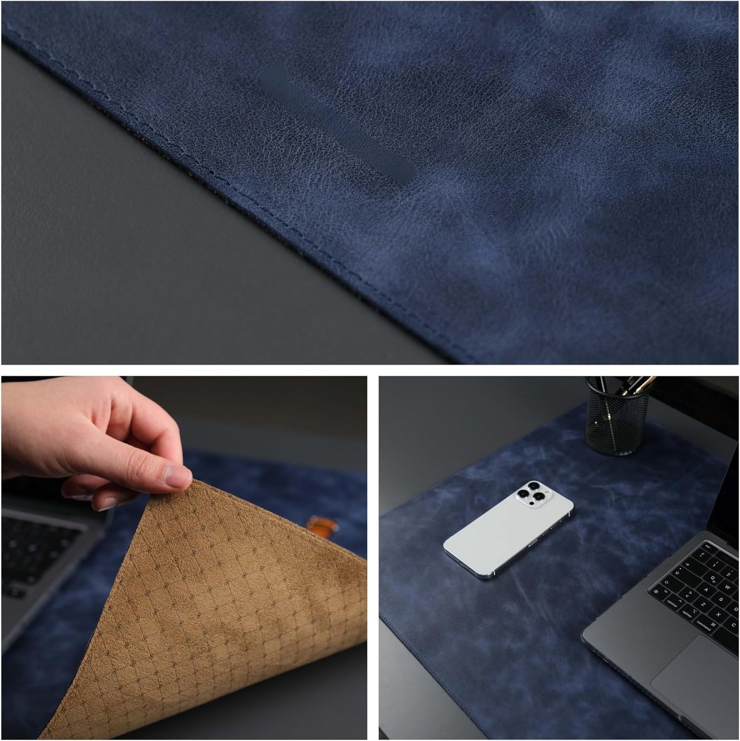 Jersey Genuine Calfskin Leather Desk Pad, Office Desk Mat with Non-Slip Bottom, Smooth Surface for Mouse & Keyboard, Desk Protector (14.6x31.5 inches) (Navy)
