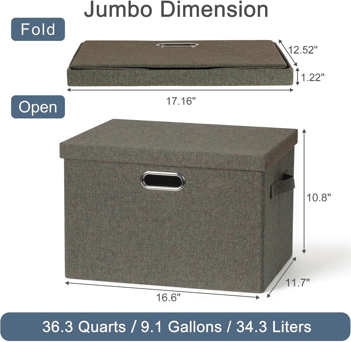 Large 17" 36 Quart Collapsible Stackable Storage Bins with Lids, 3 Packs Dark green Foldable Fabric Closet Storage Boxes with Lids, Heavy-duty Linen Cube Baskets(17x12x11)