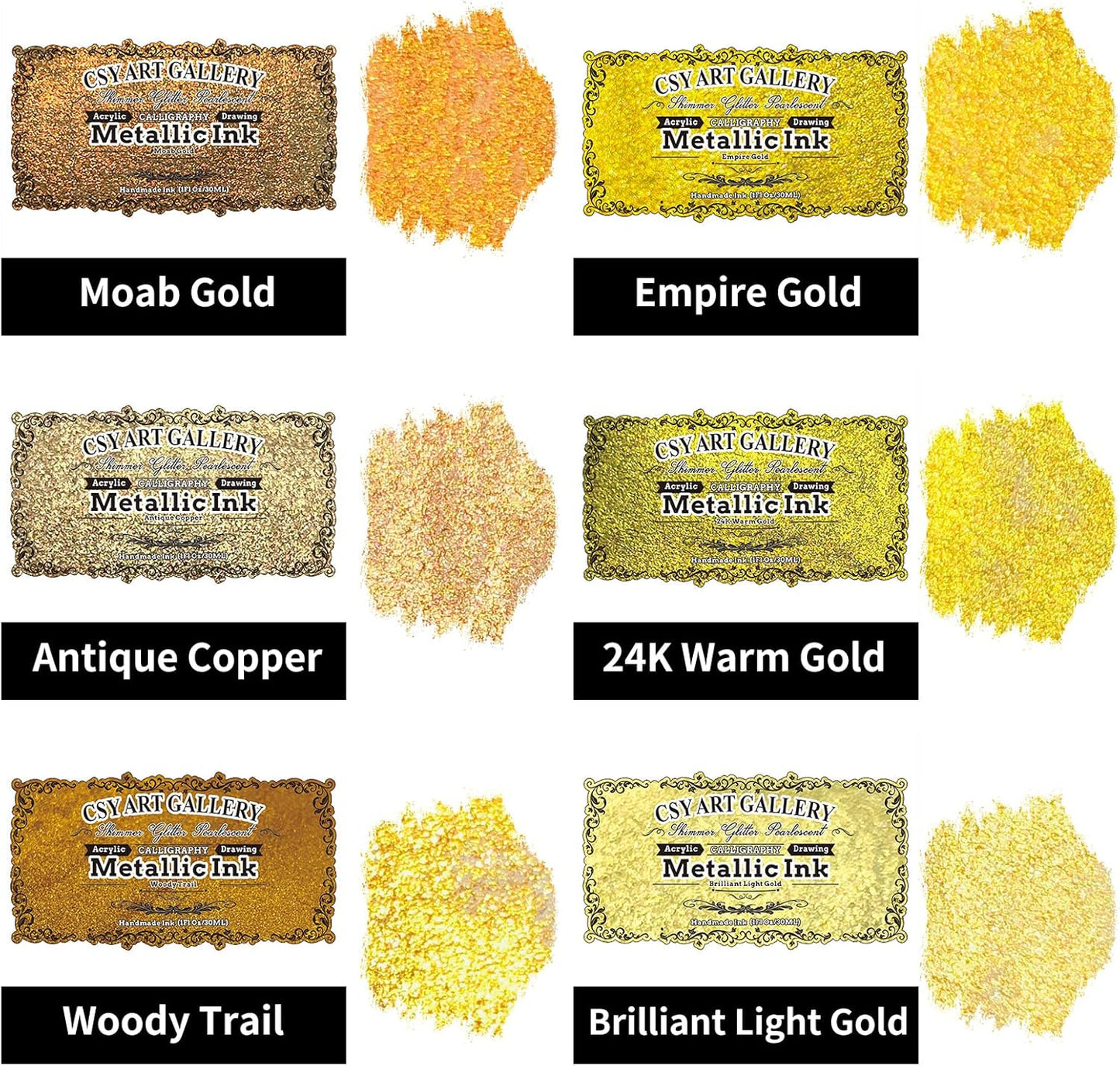 CSY art gallery Metallic Acrylic Water-Resistant Ink-Drawing Inks Set-24K Gold Mica Paint-Shimmy Pigment for Dip Pen, Brush, Artist, Non Toxic Paints(Fallen Leaves Starlight Set)