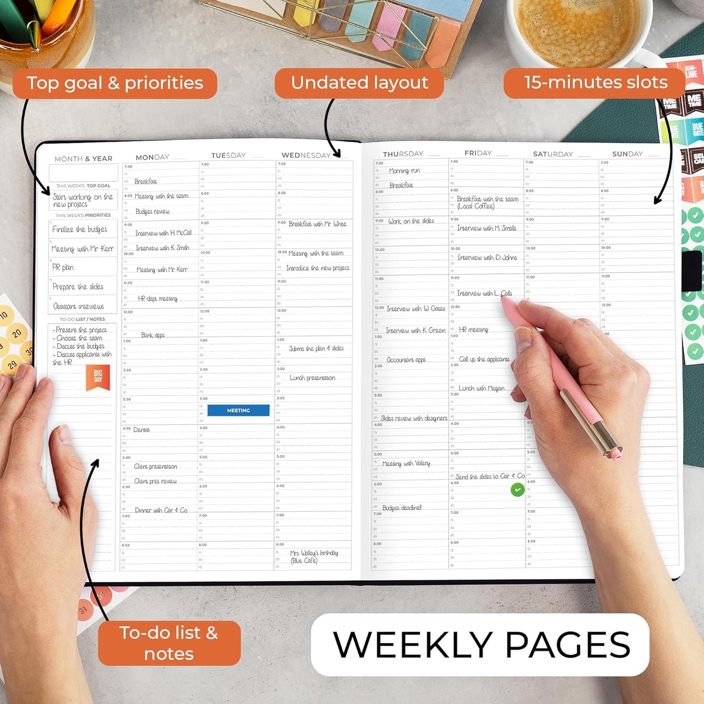 Clever Fox Appointment Book – Hourly Schedule Planner with 15-Minute Increments – Time Box Planner for Daily Work & To-Dos – Weekly & Monthly Spreads, Undated, Hardcover, 8.3x11″ (Black)