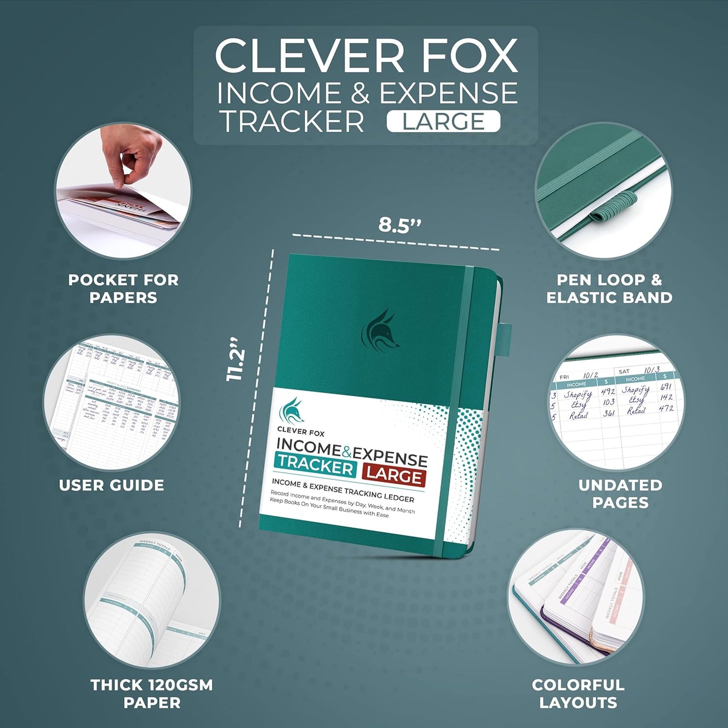 Clever Fox Income & Expense Tracker Large – Accounting & Bookkeeping Ledger Book for Small Business – 2-Year Record Notebook, A4 (Dark Teal)