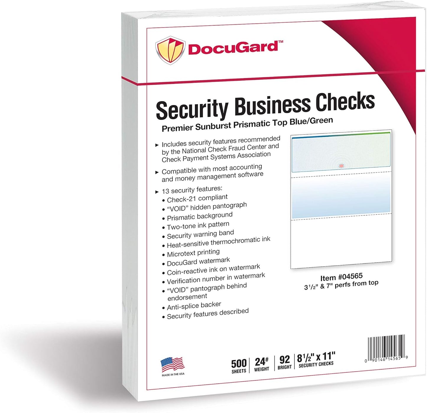 DocuGard Blue/Green Sunburst Premier Prismatic Top High Security Check Paper - QuickBooks & Laser/Inkjet Printer Compatible - 13 Security Features - 500 Blank Business Checks (04565)