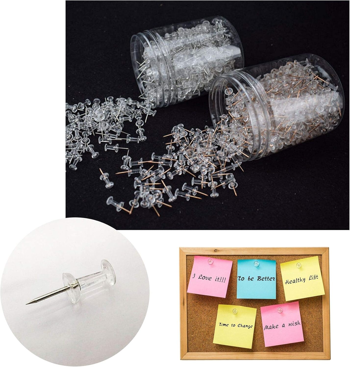 Clear Push Pins 600pcs Standard Thumb Tacks Steel Point Transparent Plastic Head Pins for Hanging Photo Posters Craft Marking Map Wall Cork Board