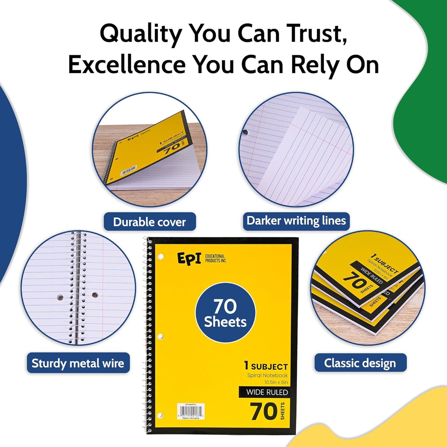 EPI Spiral Notebook | Wide - 70 Sheets, Durable Spiral Binding | 10.5 x 8 in | Classroom Supplies | School, Office, Note Taking, Journaling - 48 Pack