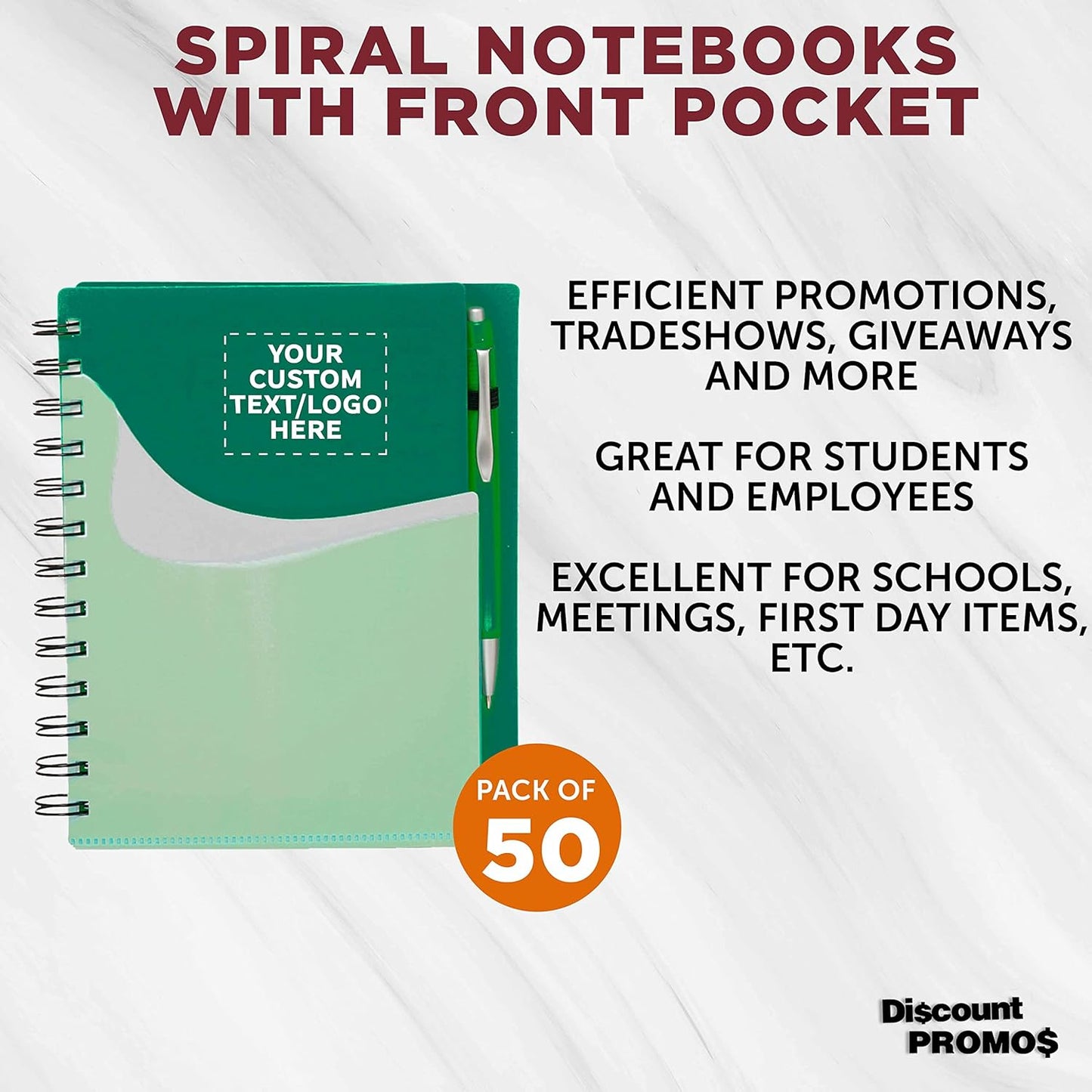 DISCOUNT PROMOS Custom Spiral Notebooks with Front Pocket Set of 50, Personalized Bulk Pack - Durable Plastic Cover, Includes Matching Pen in Blank Ink, Perfect for School, Office, Home - Green