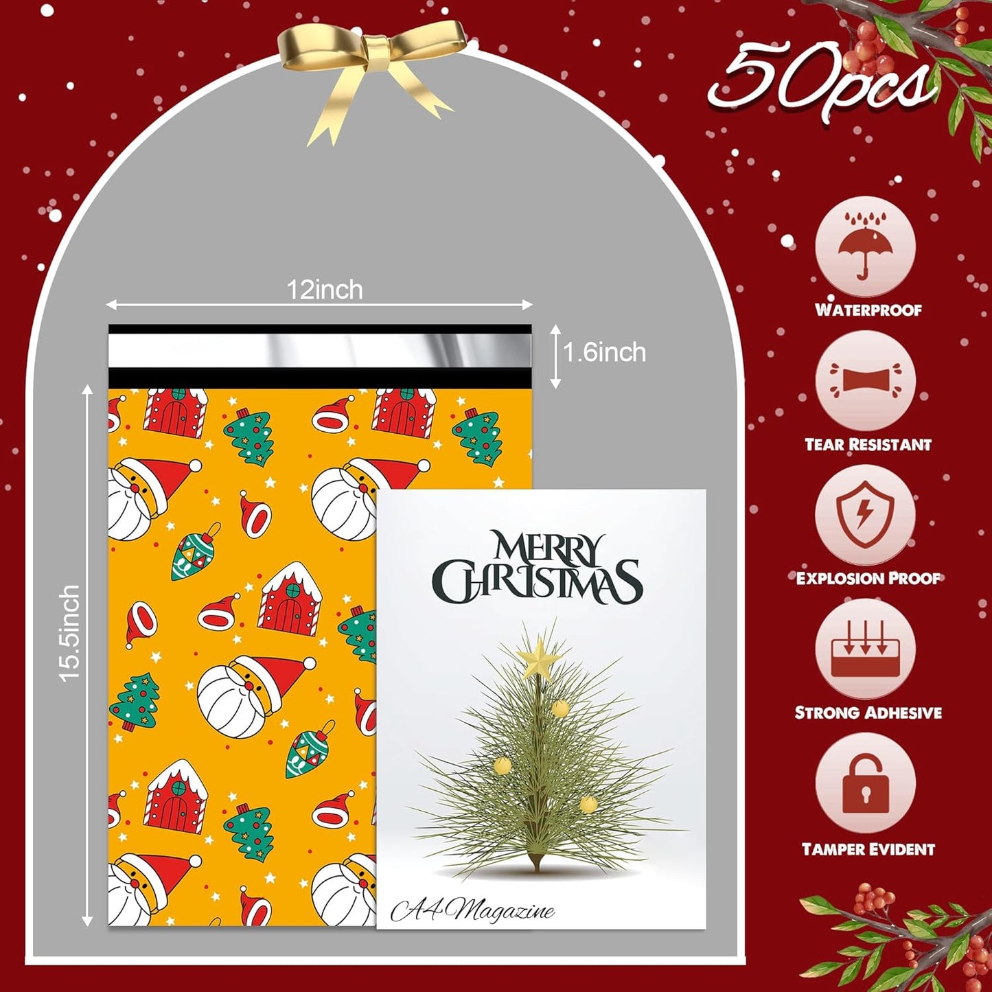 Christmas Poly Mailer - 12x15.5 Inch, Waterproof Shipping Bags - 50 Pcs, Tear-Resistant, Santa Claus Printed