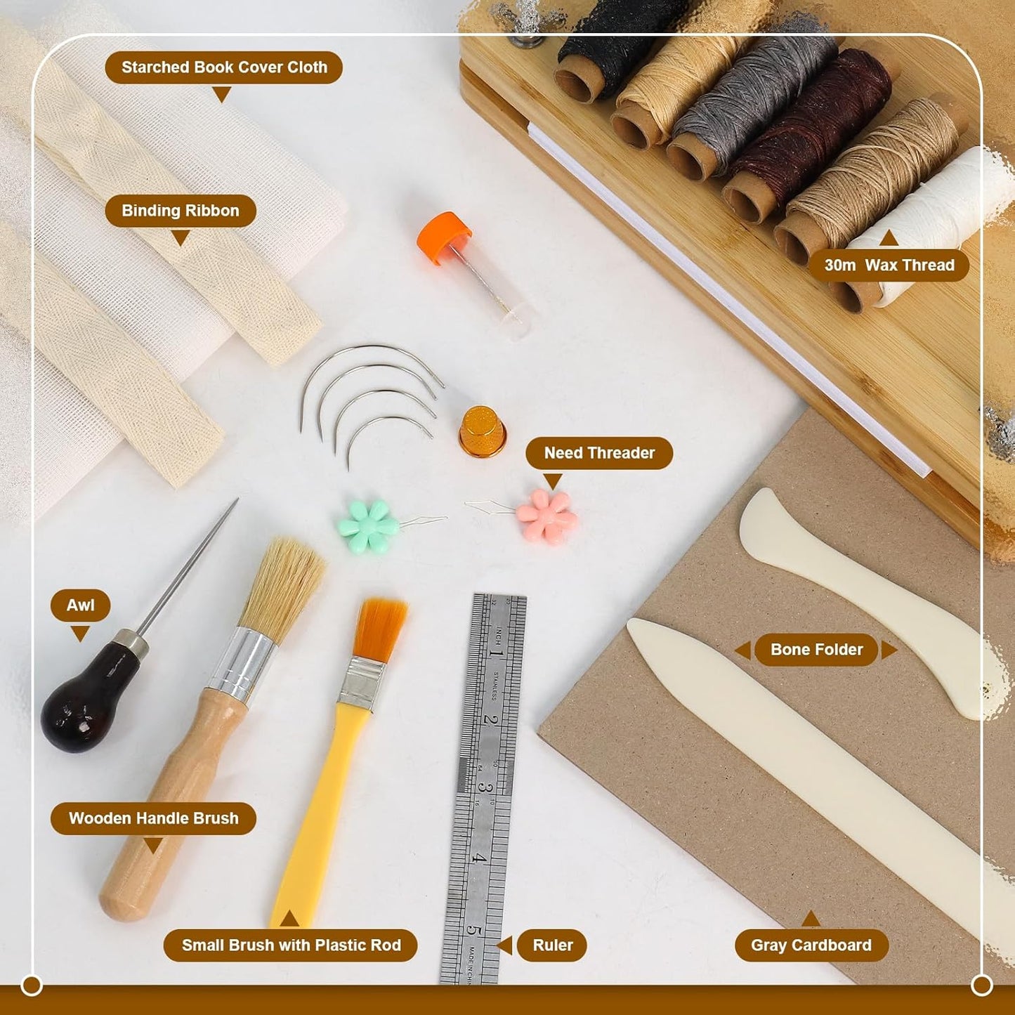 Book Binding Kits for Beginners, 7.9”x11.6” Inch Wooden Book Press, Bookbinding Kit Bookbinding Tools with Bone Folder, Awl, brush, Cloth, Needles for DIY Bookbinding, BookRepair, Handmade Crafts