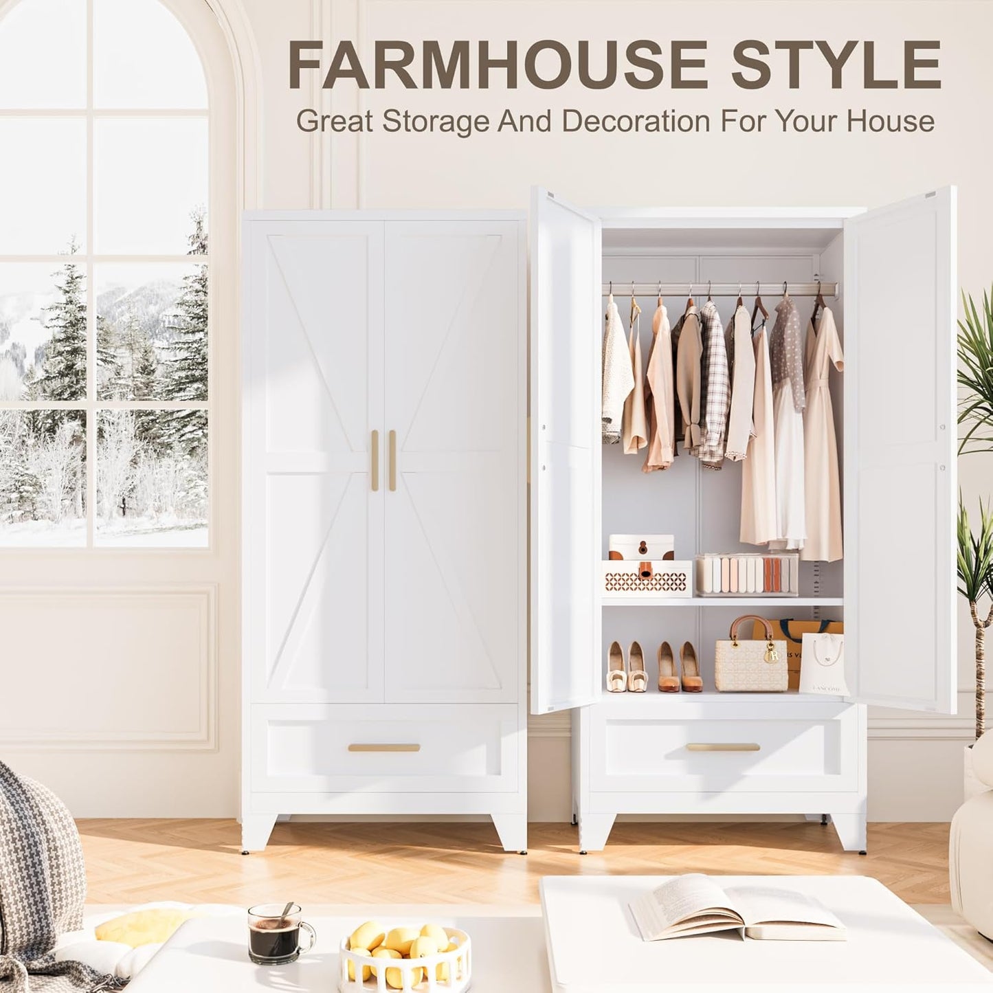 Metal Wardrobe Cabinet,71 Armoire Wardrobe Closet with Drawers and Hanging Rod,Metal Armoire with Adjustable Shelves for Closet,Bedroom,Farmhouse Storage Cabinet with Drawer(White)