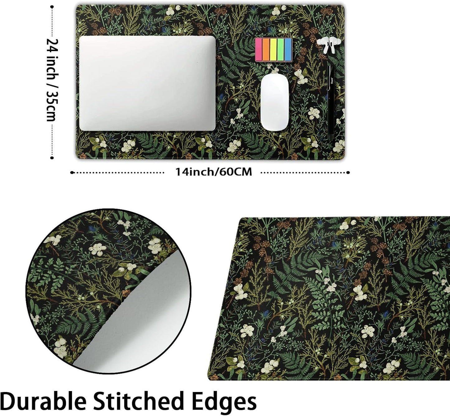 Black Aesthetic Vintage Botanical Gaming Mouse Pad Large XL Cute Forest Green Plant Nature Floral Extended Large Big Mousepad Non-Slip Stitched Edge Long Mat for Desk Computer,24x14 Inch,60x35 CM