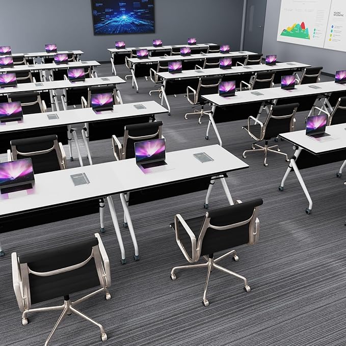 Conference Table, Folding Conference Room Tables, Mobile Training Tables with Silent Wheels, Large Rectangular Modular Seminar Table Office Computer Desks for Classroom White (6Pack L70.9in)