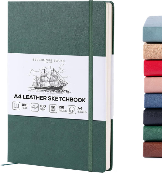 Beechmore Books A4 Sketchbook – 8.5x11 Premium Vegan Leather Bound Large Sketch Book Hardcover with 156 Thick 160gsm Perforated Ivory Pages, Blank Sketch Pad, Gift Boxed, Back Pocket, Ribbon Bookmark