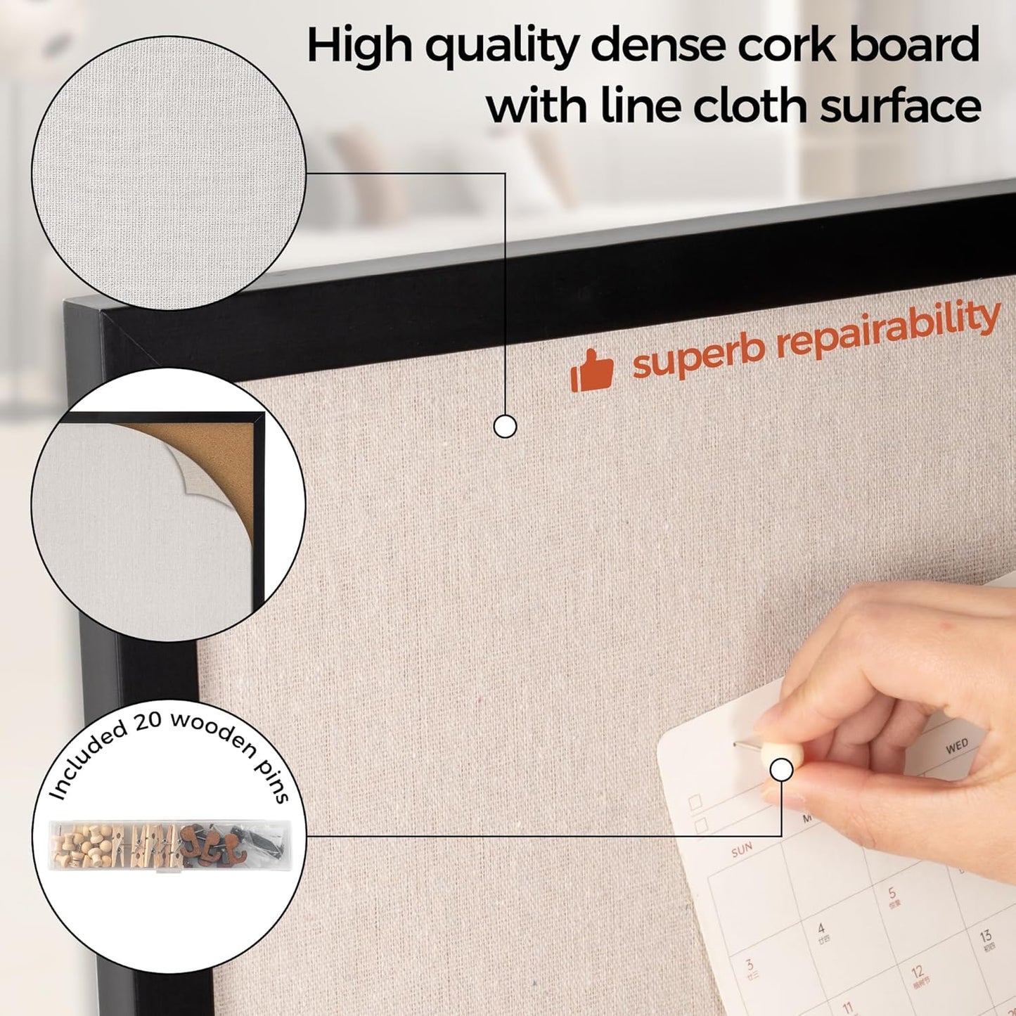 Fun Memories Cork Board Bulletin Board for Office, 24" x 36" Pine Wooden Framed Corkboard, Wall Mounted Notice Pin Board for School Home & Office, Black