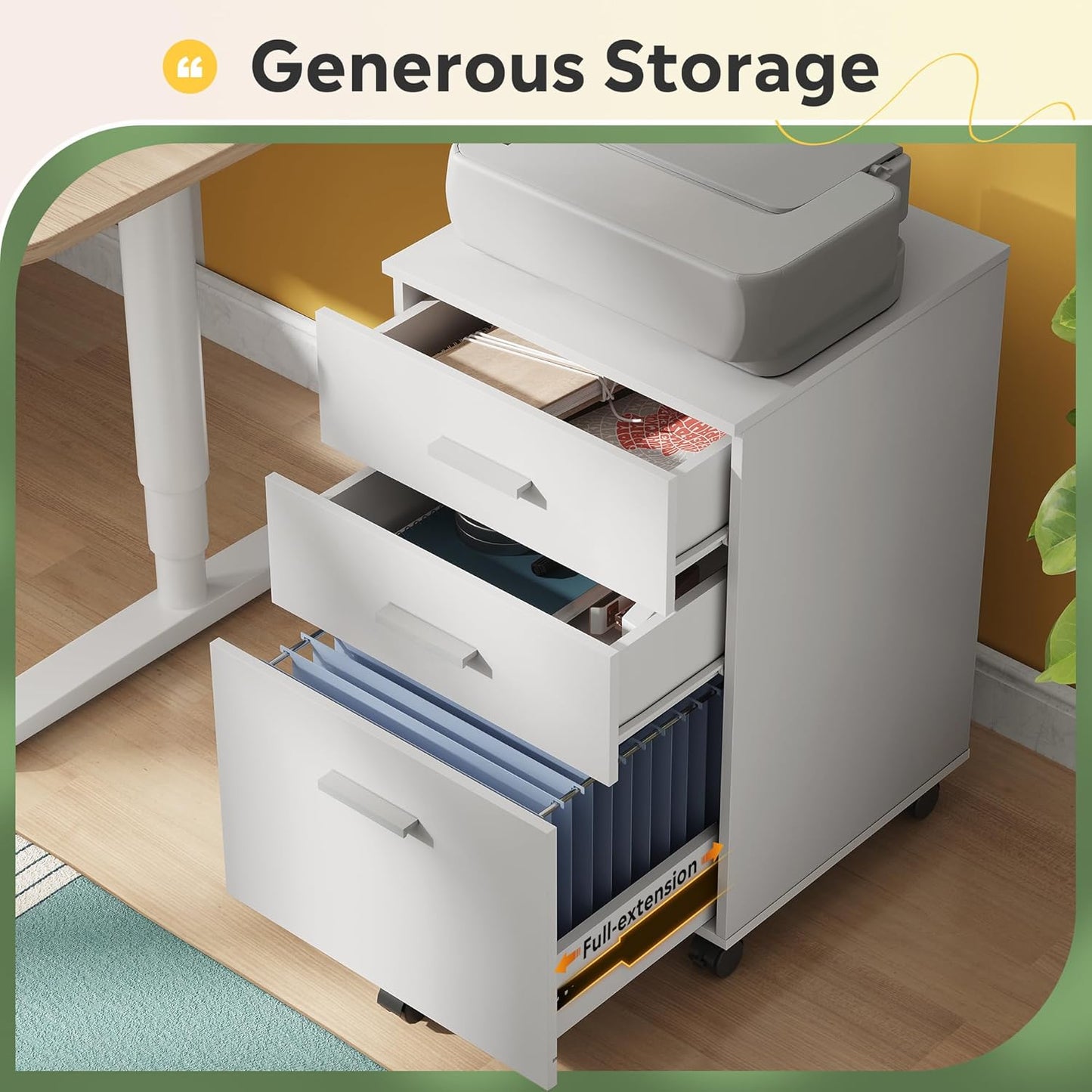 DEVAISE 3 Drawer Wood Mobile File Cabinet, Rolling Filing Cabinet for Letter/A4 Size, White