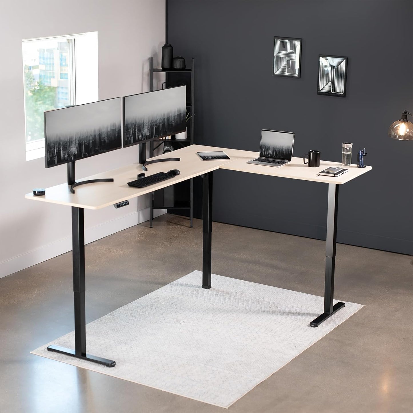 VIVO Electric Corner L-Shaped 84 x 63 in Standing Desk, Memory Height Adjustment, Light Wood Top Black Frame, DESK-E3CTBC-84