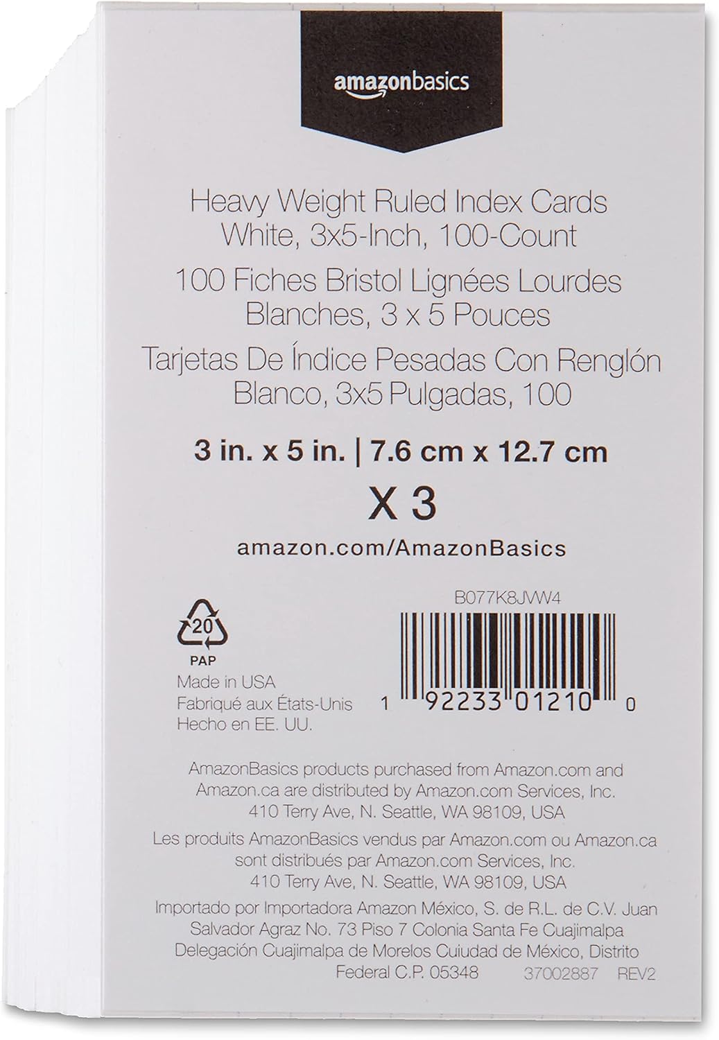 Amazon Basics Paper Flash Ruled Index Note Cards, Heavy Weight, White, 3 x 5 Inch Card, 300 Count, 100 Pack of 3