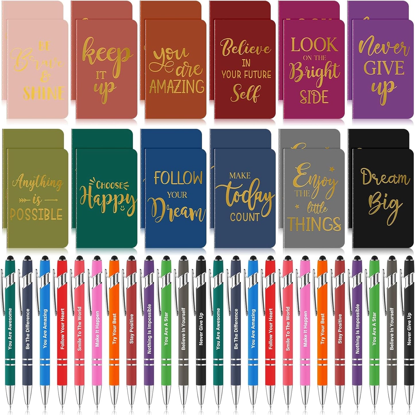 48 Pcs Bulk Motivational Pens Inspirational Notepads Set, Small Pocket Motivational Quote Notebooks and Ballpoint Pens, Mini Journals Gift Set for Kids Students Teachers School Office Prizes Supplies
