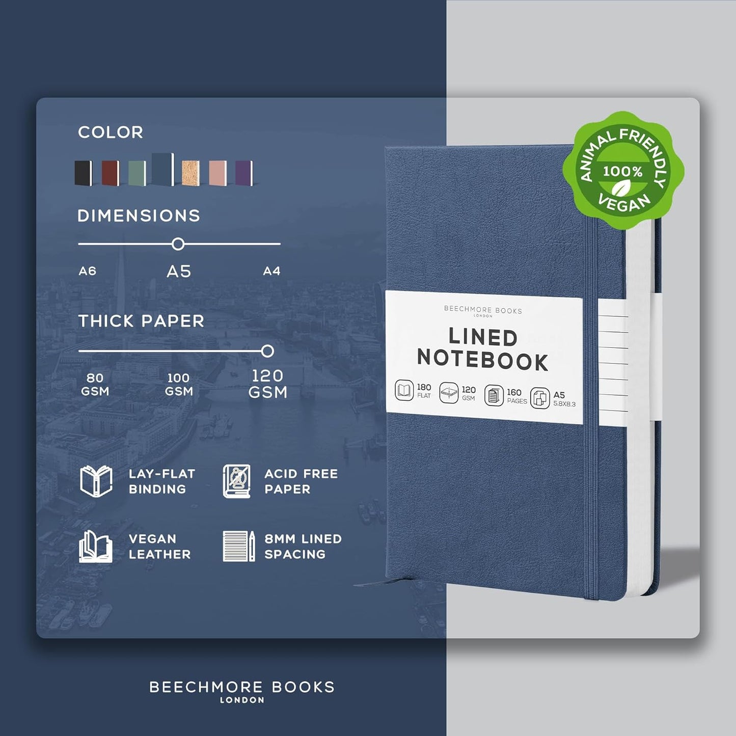 BEECHMORE BOOKS Lined Journal Notebook, 5.8 x 8.3 inch, A5 160 Lined Pages, Hardcover Leather Journals for Women, Men, Writing and Notebooks for Work - 120 GSM Thick Paper, Gifts Box Included