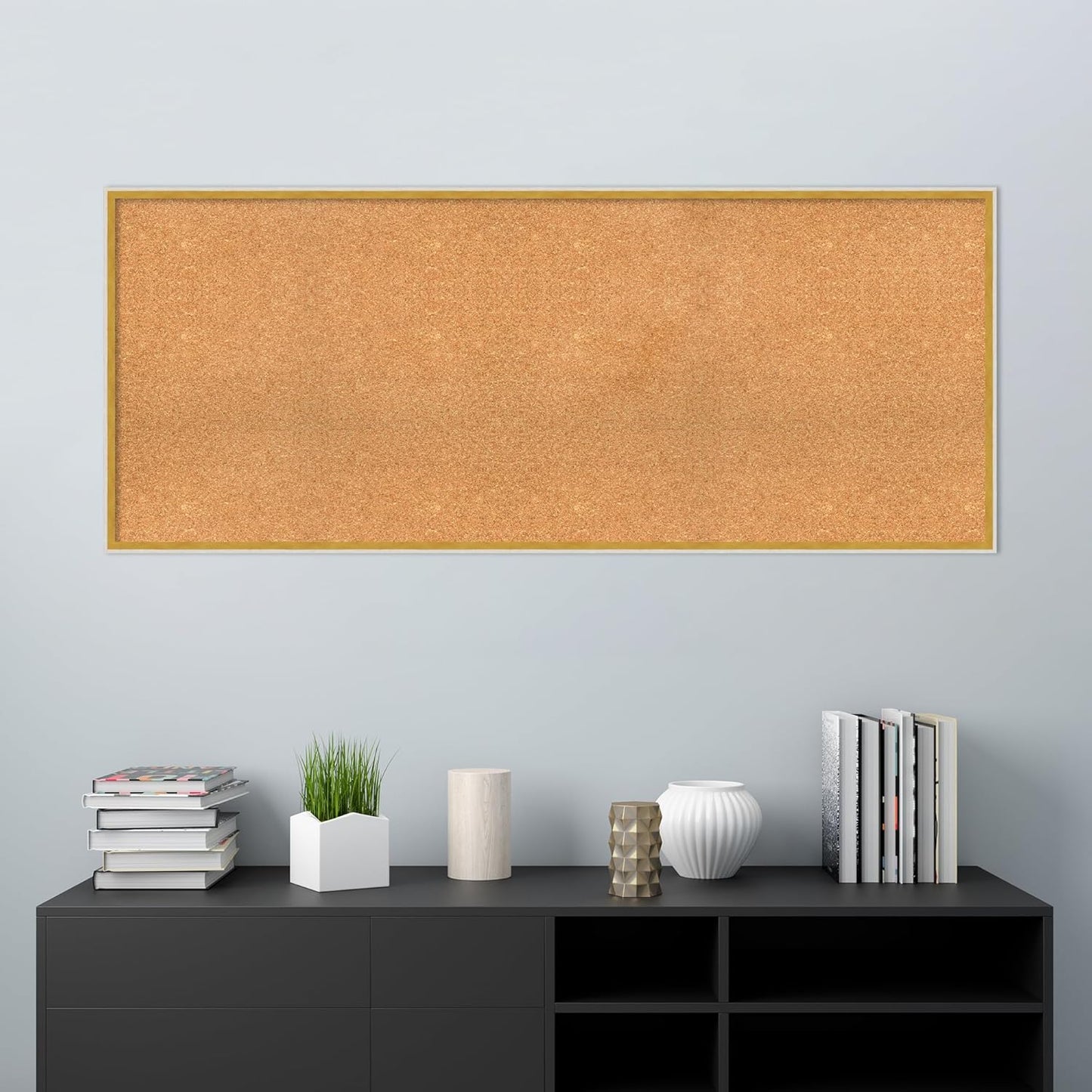 Amanti Art Natural Cork Board for Wall, 25x61 Vision Board with White Frame, Oversize Corkboard Office Decor for Home Organization, Modern Corkboard Pinboard to Display Items for Home Organization in