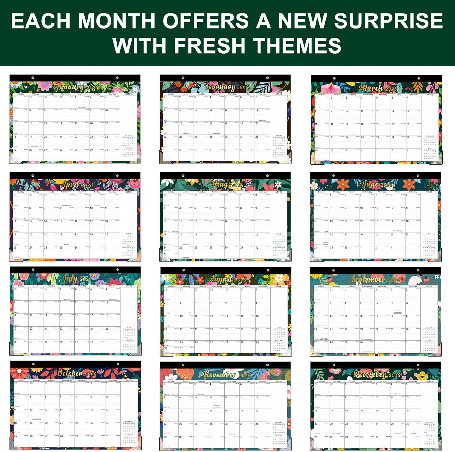 Lbylyhxc Desk Calendar 2026-2027, 18-Month School Year Calendar 2026-2027, January 2026 to June 2027, Large Desktop Calendar Monthly for Teacher with Corner Protectors 17" X 12" (Cute Flower Desk Calendar, 17x12 inches)