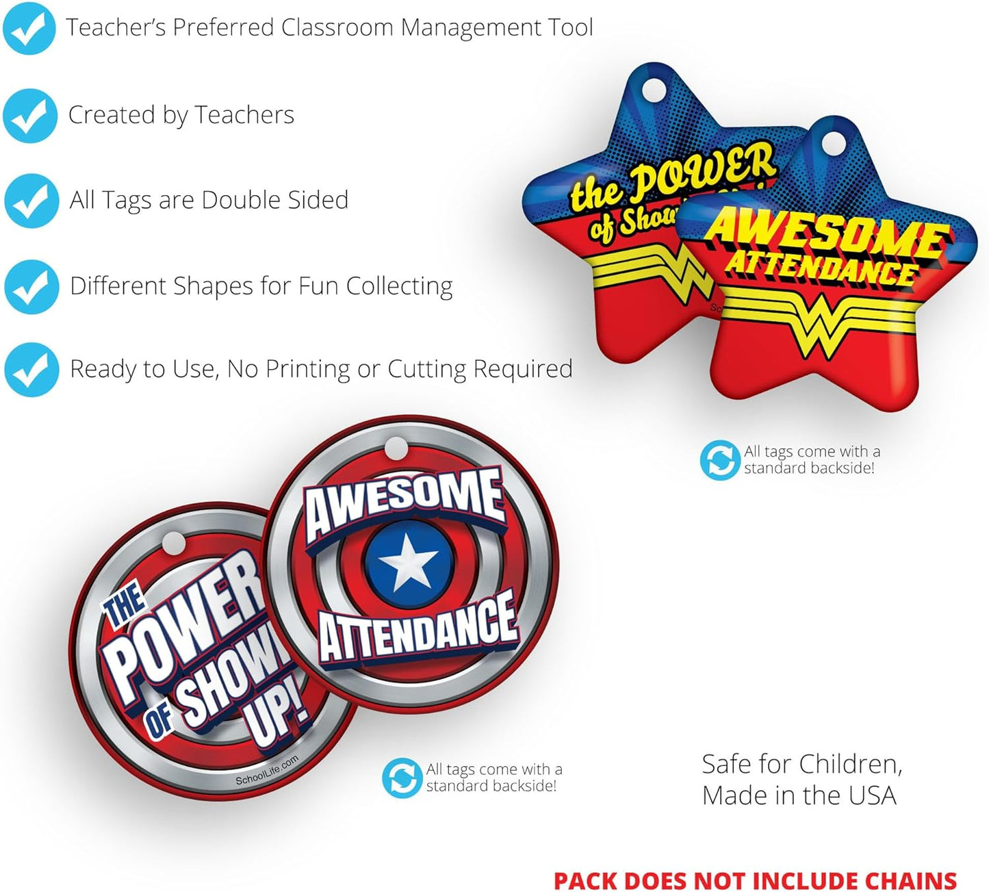 Awesome Attendance Heroes Brag Tag Value Pack to Improve Students' School & Classroom Attendance: 100 Tags (10 Tags for Each Design)