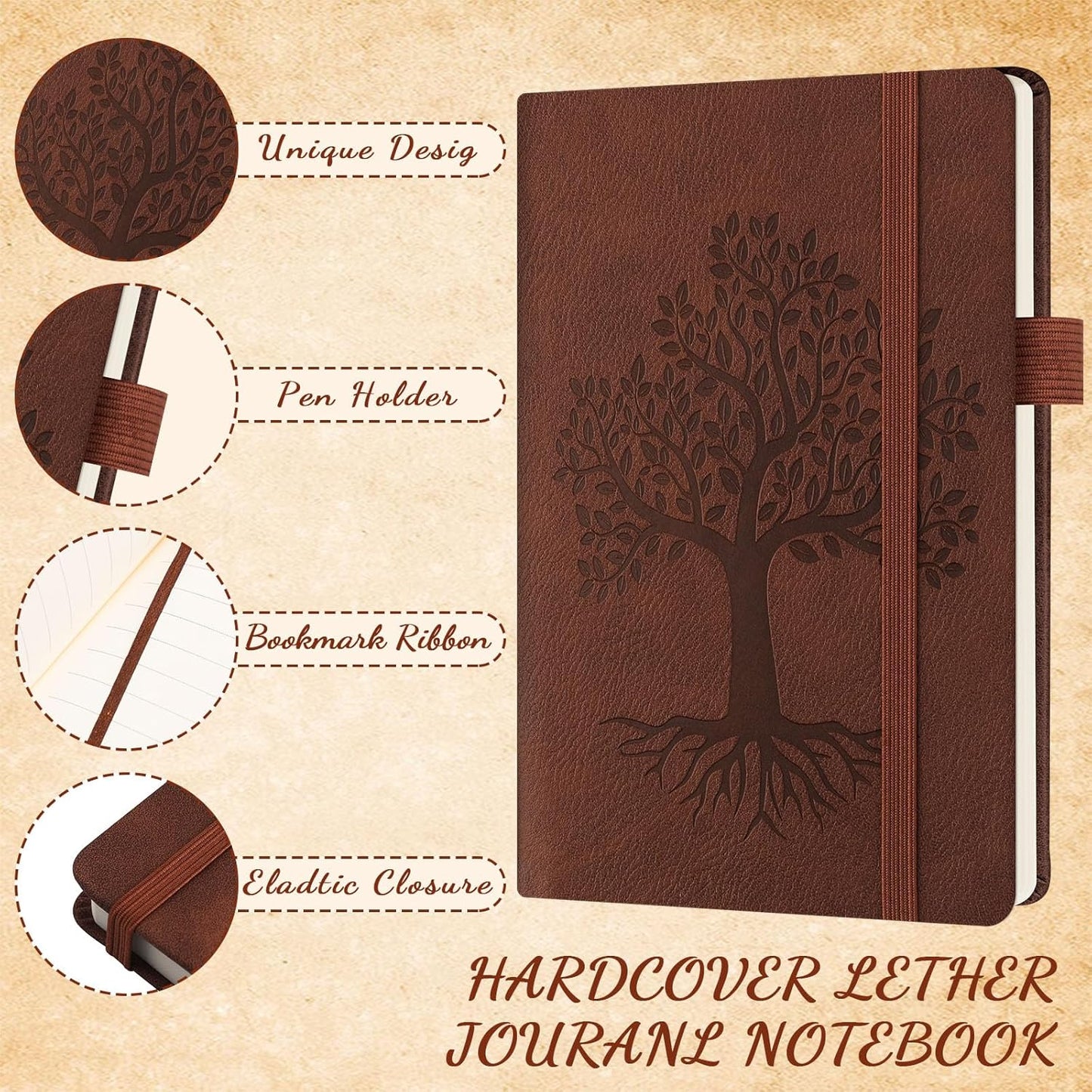 Estune Tree Small Notebooks Pen Leather Lined Pocket Subject Notebooks Hardcover Pocket Notepad Cute Ruled Leather Journals with Pen Holder for Men Women School Business, A6(Retro Color,30 Set)