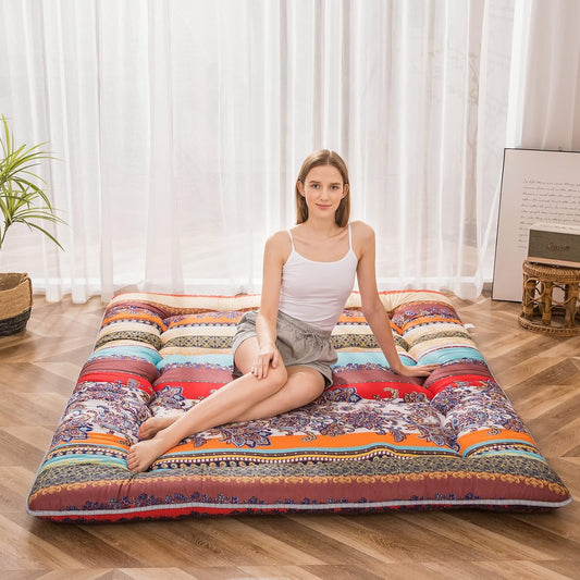 Bohemian Retro Floor Mattress Vintage Floral Japanese Futon Mattress Roll Up Thicken Sleeping Bed Portable Camping Mattress Floor Lounger Couch Bed Mattress Pad, King Size
