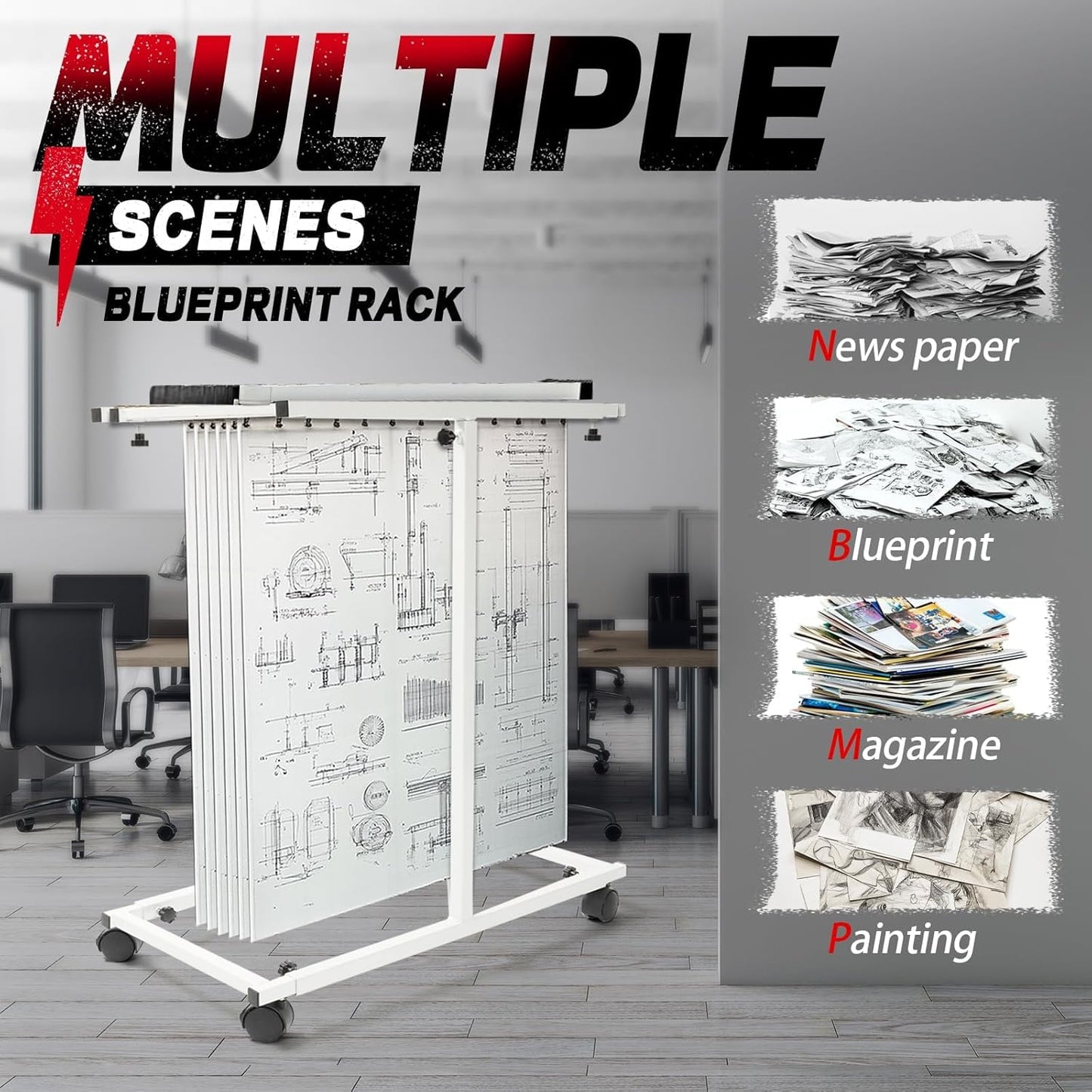Mobile Blueprint Holder Rack Stand for for 30"/36"/42" Clamps Adjustable Portable Blueprint Storage Organizer File Plans Maps Posters and Drawings Display Rack for Home Office and Workplace
