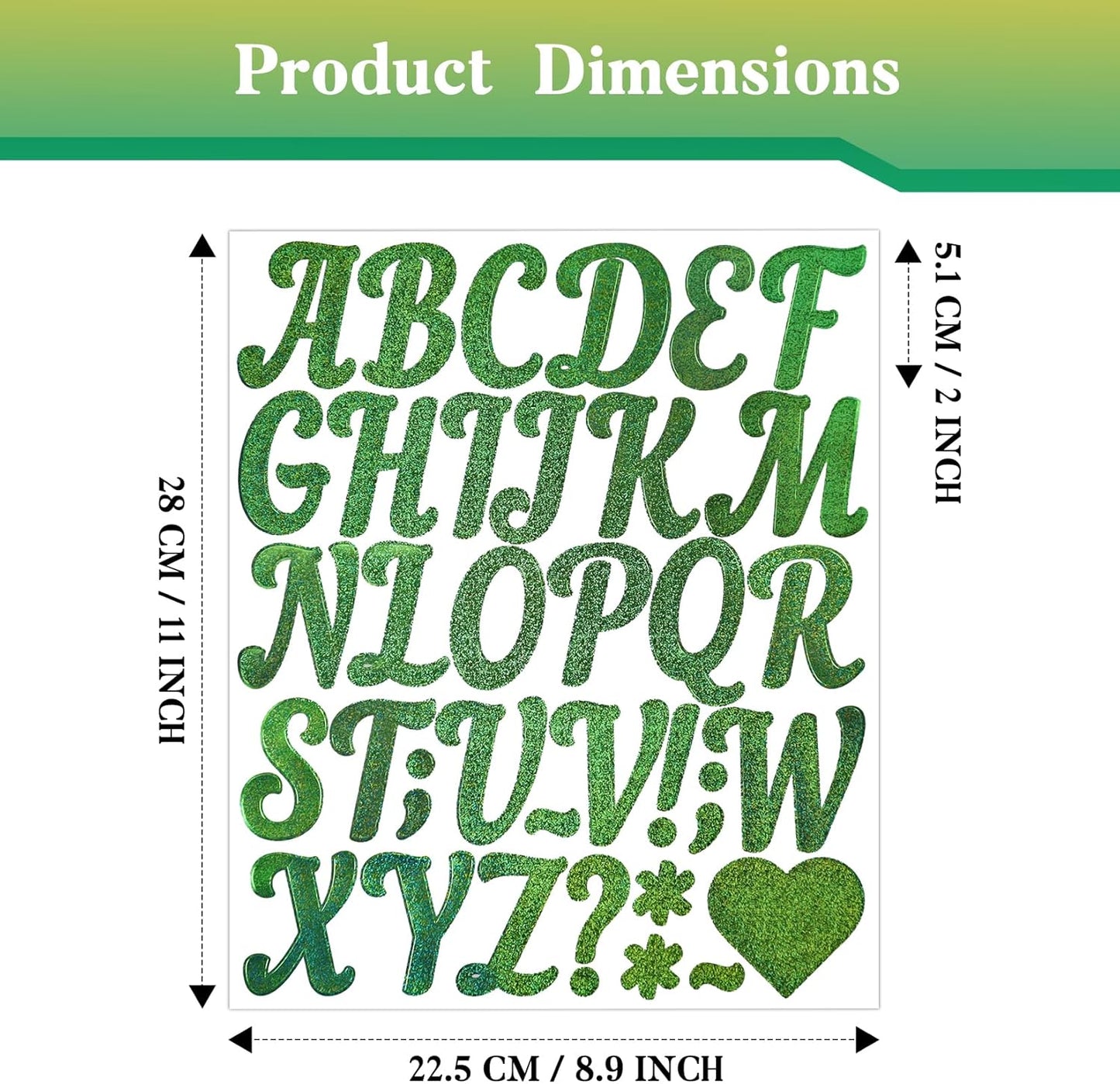 Glitter Letter Stickers,10 Sheets 2 Inches Self-Adhesive Vinyl Letters Alphabet Sticker Decals for Scrapbook,Door,Mailbox,Bulletins Boards -Green