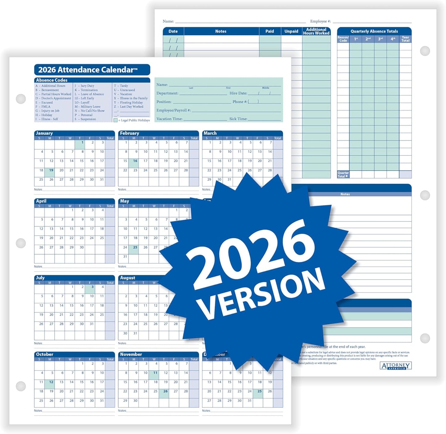 2026 Attendance Calendar Kit, White, Pack of 50