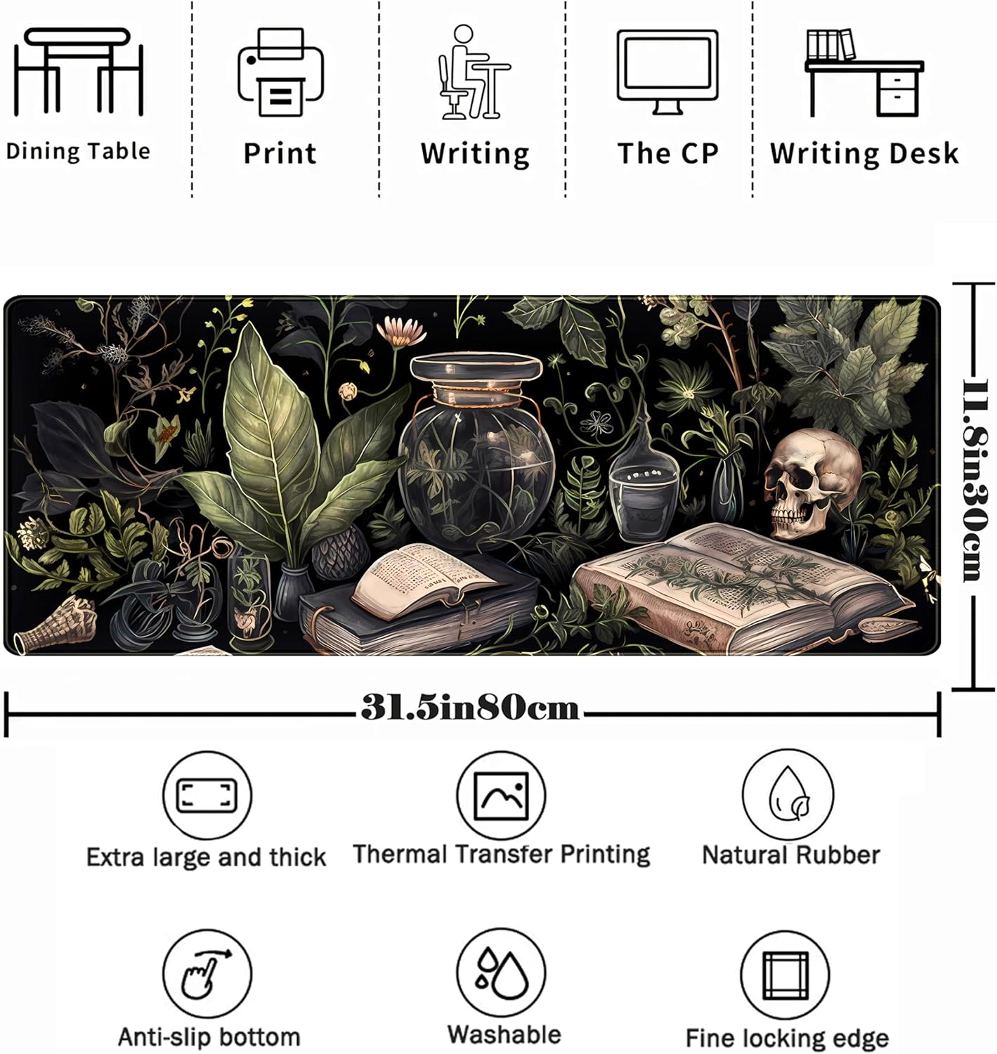 Dark Academia Desk Mat Mouse Pad XL Extended Large Gaming Desk Pad Mousepad, Mystical Green Plant Computer Laptop Keyboard and Mouse Mat, Desktop Protector Mat for Women Girl Office 31.5x11.8 in