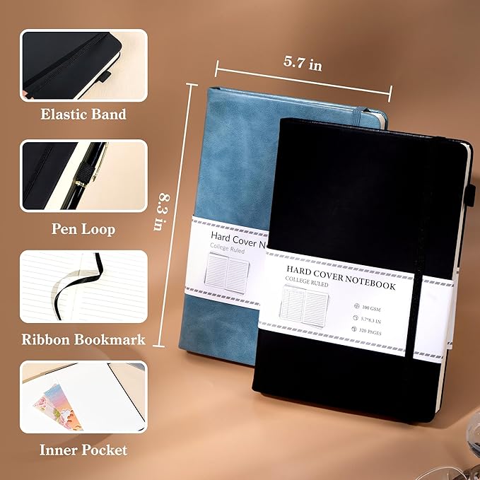 CAGIE 2 Pack Journals Notebooks for Women Men Leather Journals for Writing Hardcover A5 Journaling Notebooks Thick Journal Supplies Diary, Black& Blue