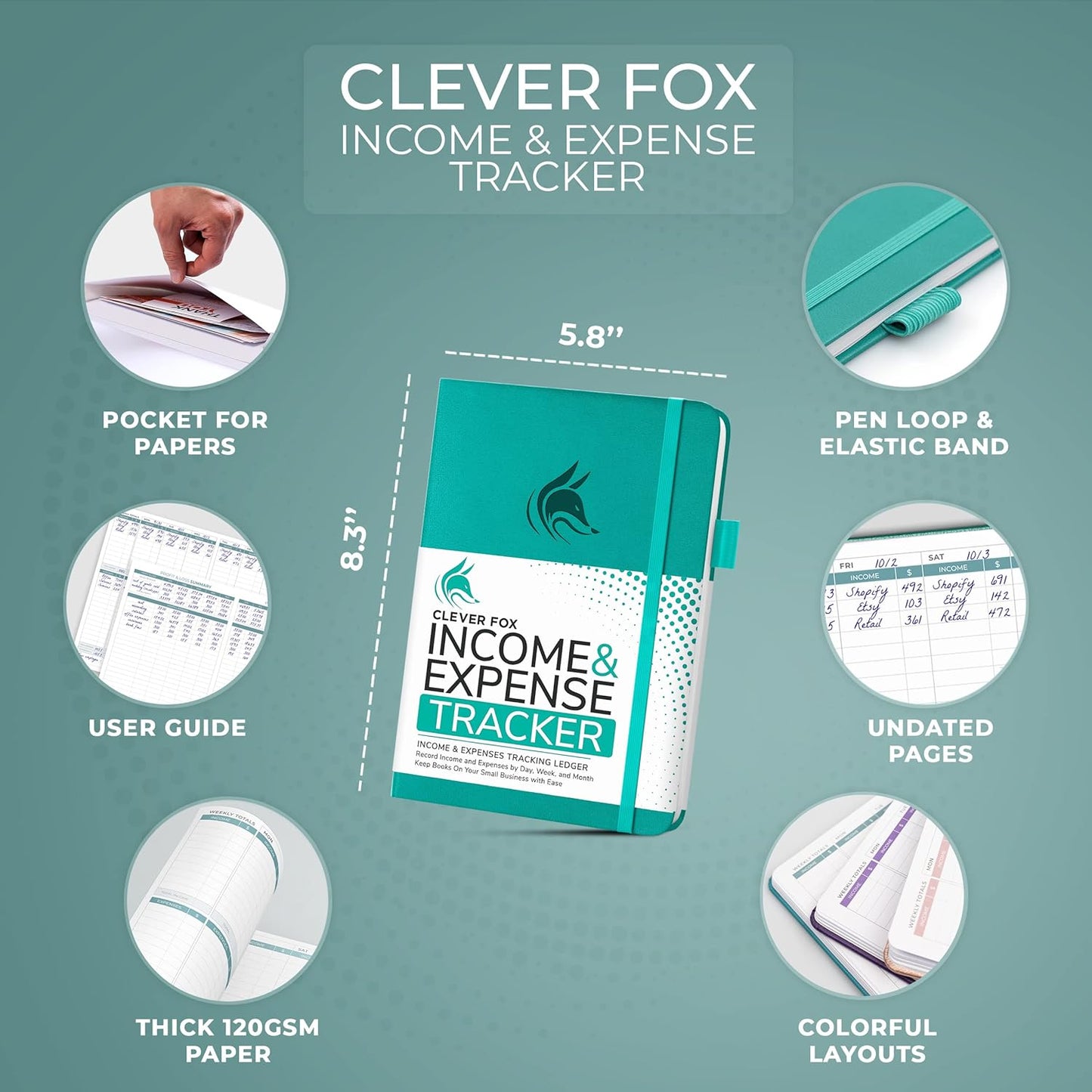 Clever Fox Income & Expense Tracker – Accounting & Bookkeeping Ledger Book for Small Business – 1-Year Record Notebook, A5 (Turquoise)