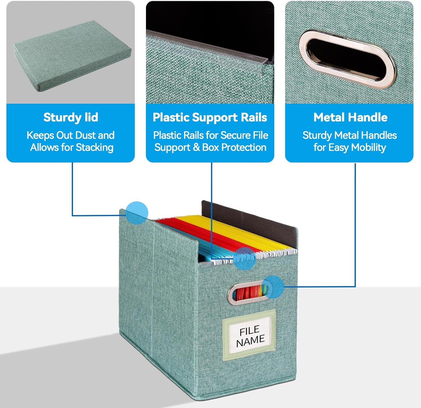 4 Pack Hanging File Folders Organizer with Lid, Letter Size Fabric File Storage Box Collapsible, Portable Office Document Holder with Metal Handle, Smooth PVC Rails, Green