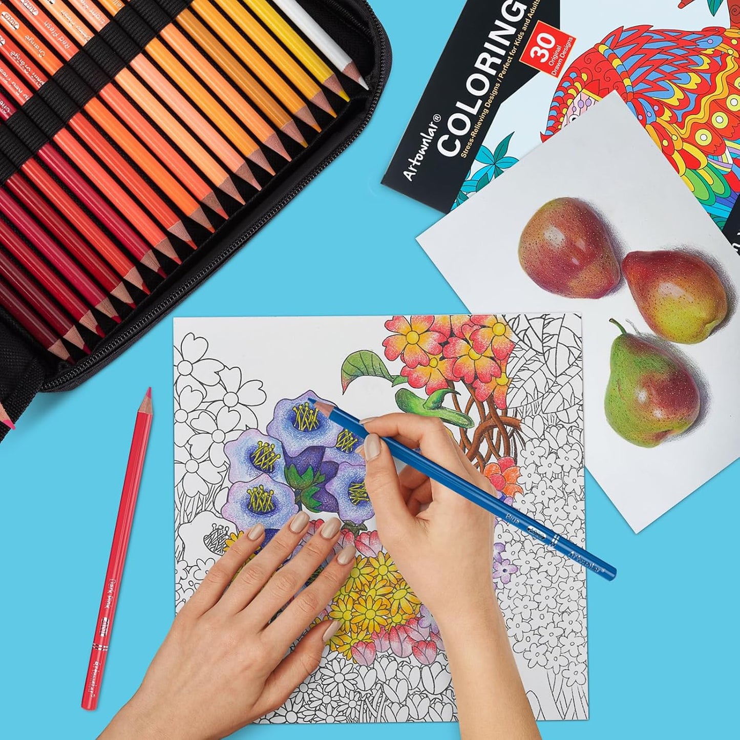 Artownlar Premium 72 Colored Pencils with Coloring Books Set, Artist Soft Core Vibrant Colors, Blending Shading Drawing Sketching Art Supplies, Oil Based Gift Case for Adults Girls Teens.