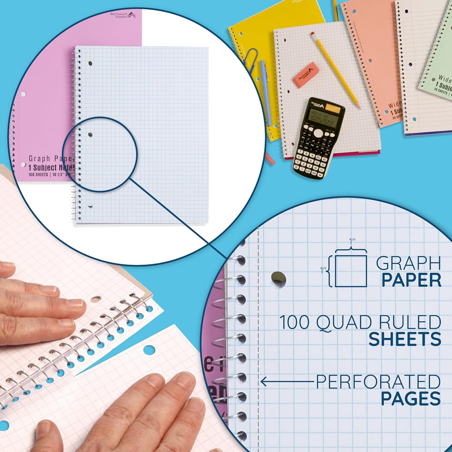 Blue Summit Pastel Graph Paper Spiral Notebook, Cute Spiral Graph 8x10.5, Square Grid Notebook for Math, College, Work, School, and Lab, Graphing Paper, 70 sheets, 12 Pack