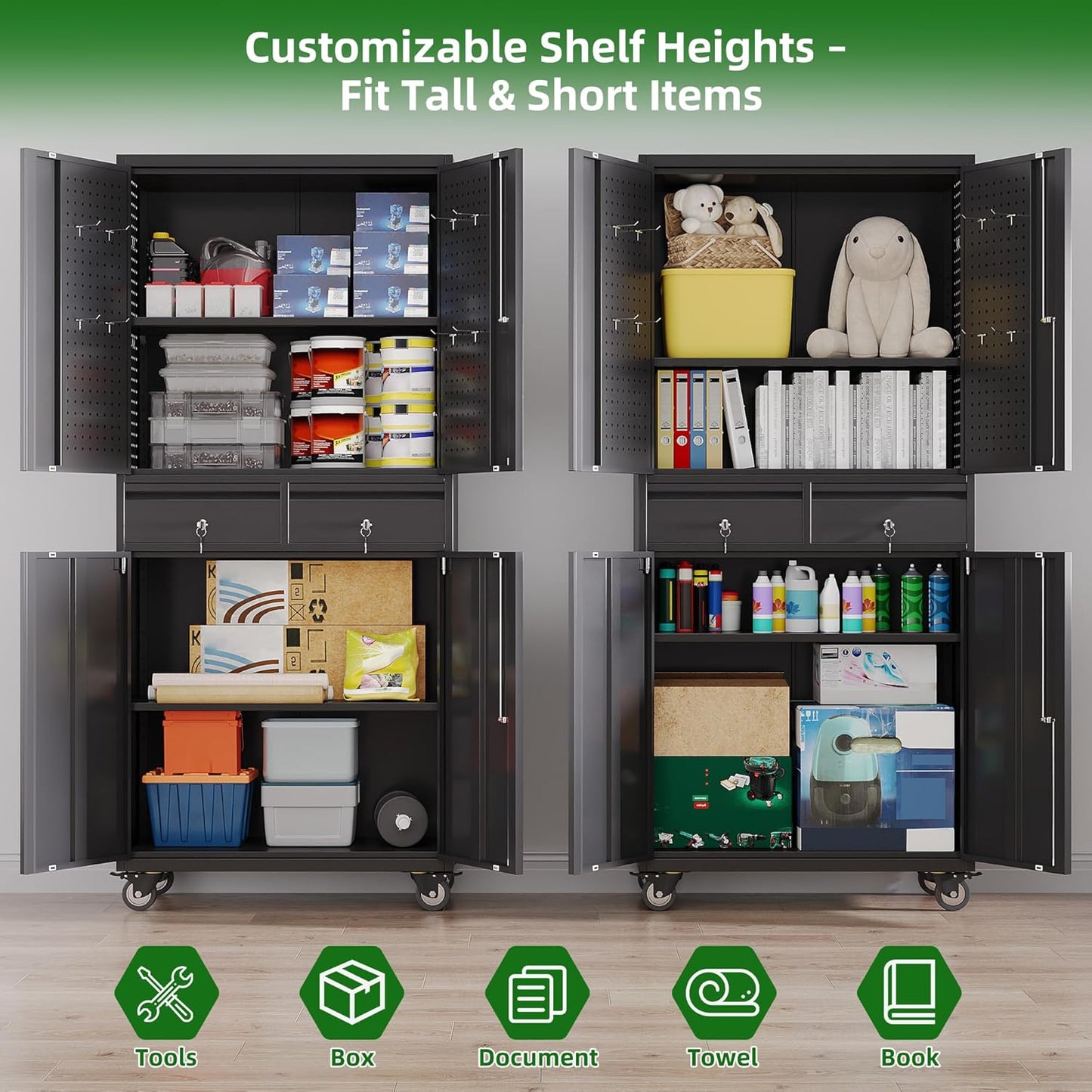 Aobabo Garage Storage Cabinet with Wheels, Metal Tool Storage Cabinet with 2 Drawers for Garage Home,Assembly Required,Black