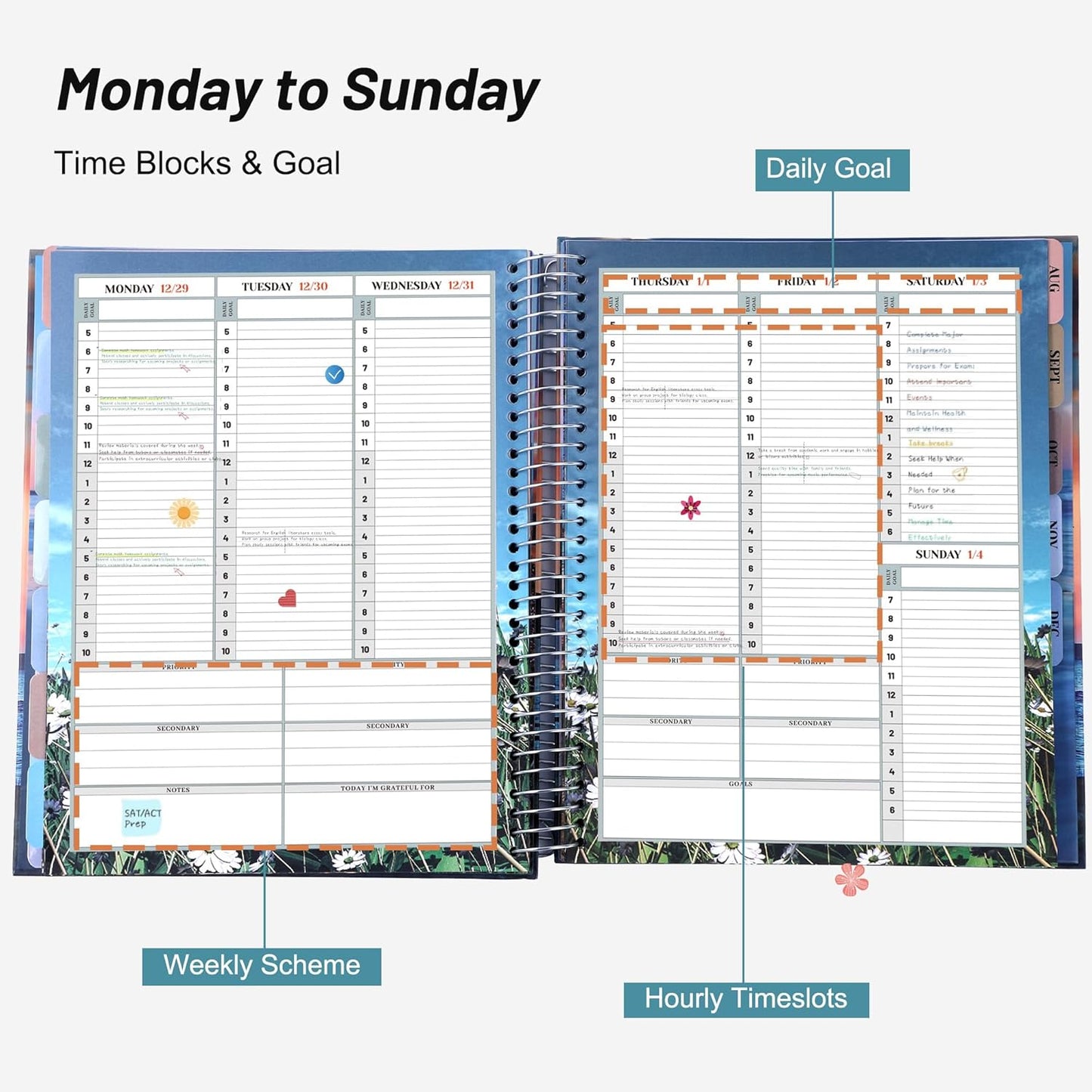 CAGIE Planner 2026 Monthly (Jan. 26-Dec. 26), 12 Month Academic Planner 8.5"x11", Large Daily Planner with Hourly Timeslot, Monthly Tab, Spiral Binding, Bookmark