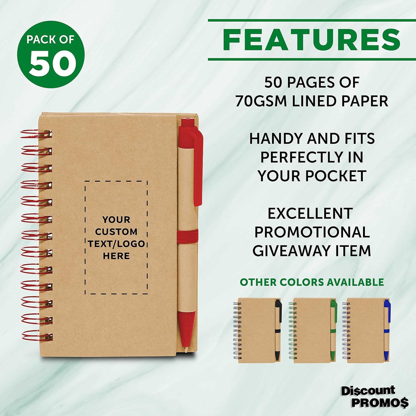 Custom Mini Spiral Notebooks with Black Ink Pens Set of 50, Personalized Bulk Pack - Perfect for School, Office, Business, Home - Red