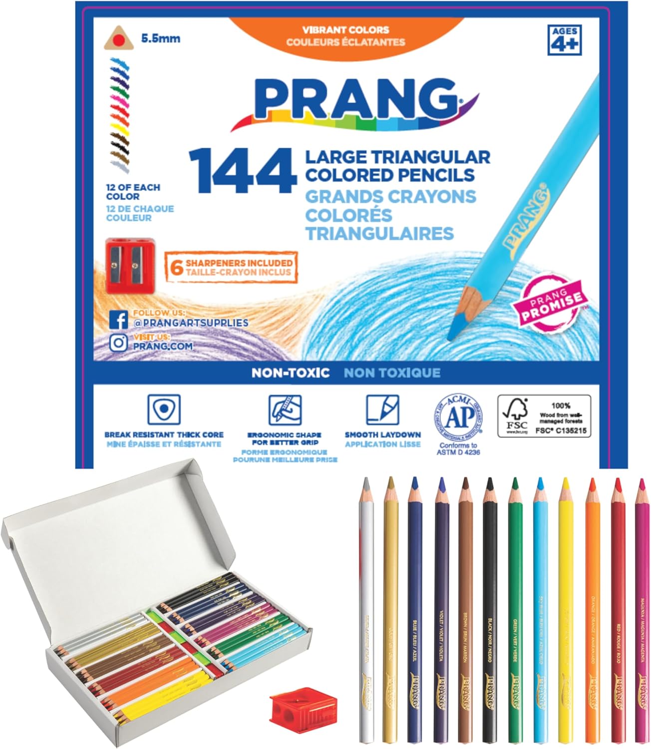 Prang Easy to Hold Colored Pencils Class Pack, 12 Colors, 5.5 mm Core, 144 Pencils, 6 Sharpeners, My First