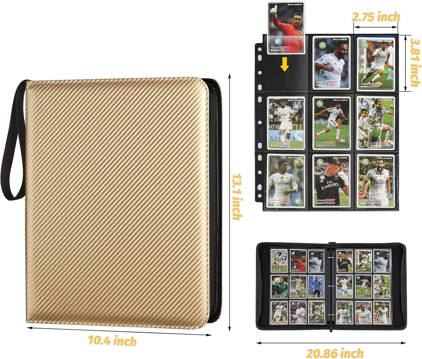 9 Pocket Card Binder, Premium Zip Trading Card Binder, 720 Double Sided Pocket PU Card Collection Binder, Collector Card Album, Card Folder for MTG, TCG, Sports Cards, Game Cards (Gold)