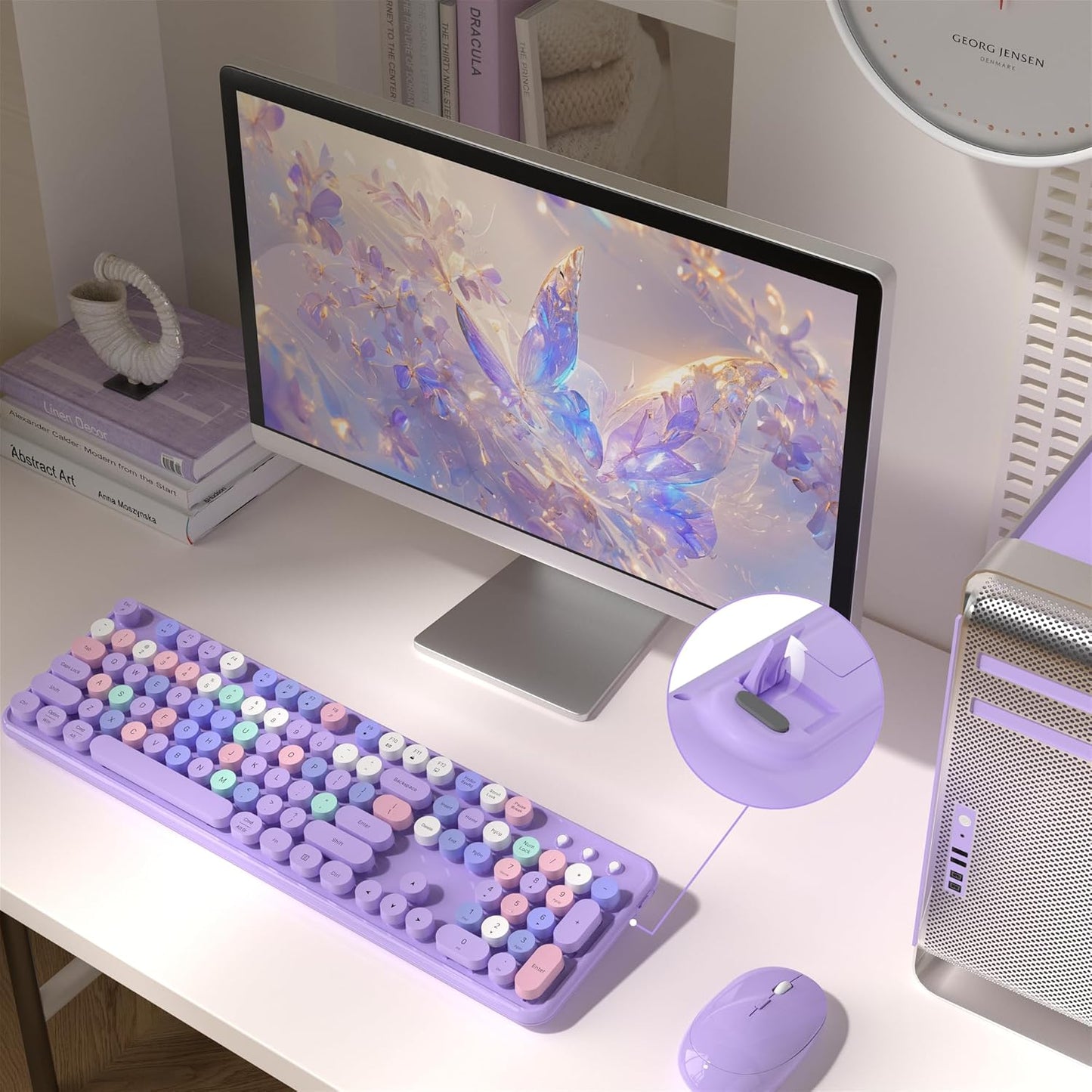 Colorful Wireless Computer Keyboard and Mouse Combo with Round Typewriter Keycaps, Retro Design, Power Switch, Ergonomic Design, 2.4GHz Wireless for Windows, Mac, PC(Purple-Colorful)